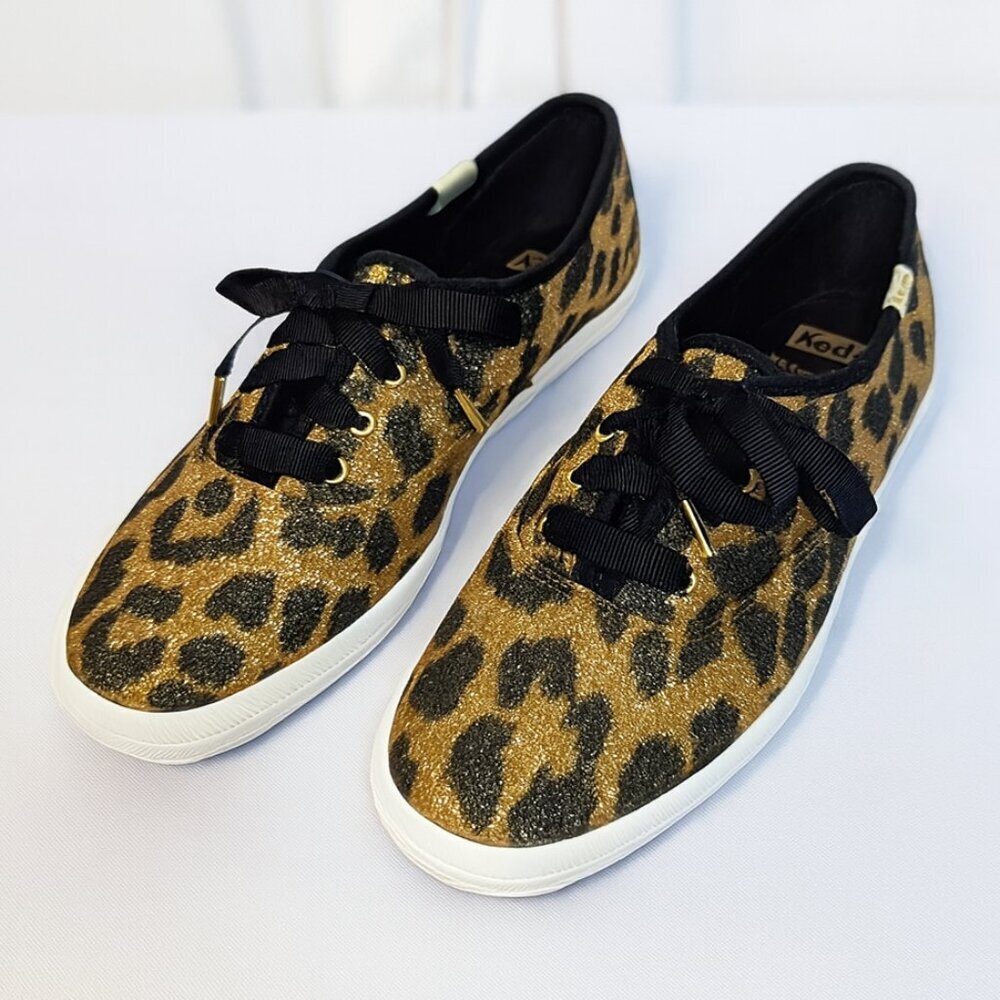 Keds x Kate Spade Glitter Leopard Sneakers Gold Black Ribbon Laces Size 6 EUC - Picture 2 of 14